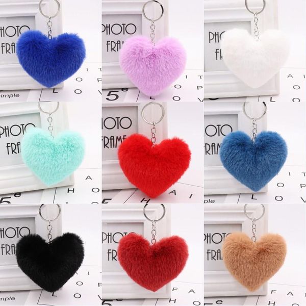 

fluffy heart shape key rings lady love plush keychains 16 styles faux rabbit fur pompom keyfobs jewelry fashion car pendant, Silver