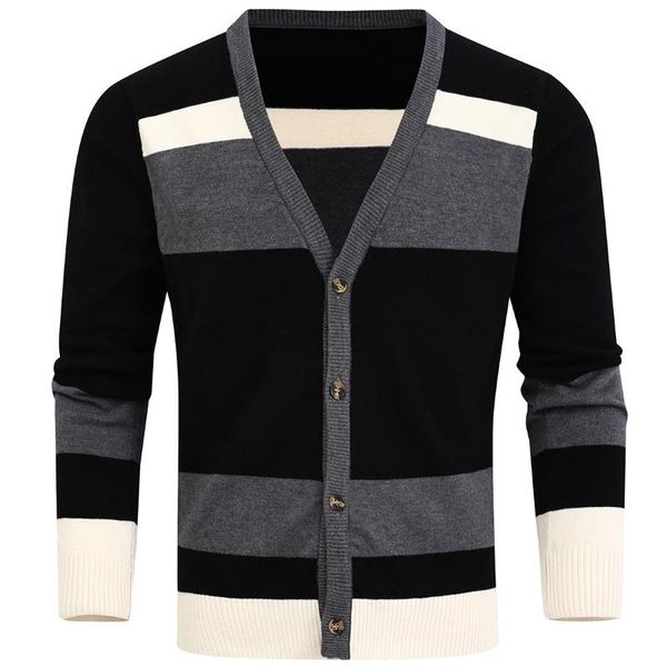 

men's sweaters 2021 autumn winter sweater stripe color matching v-neck fake cardigan, White;black