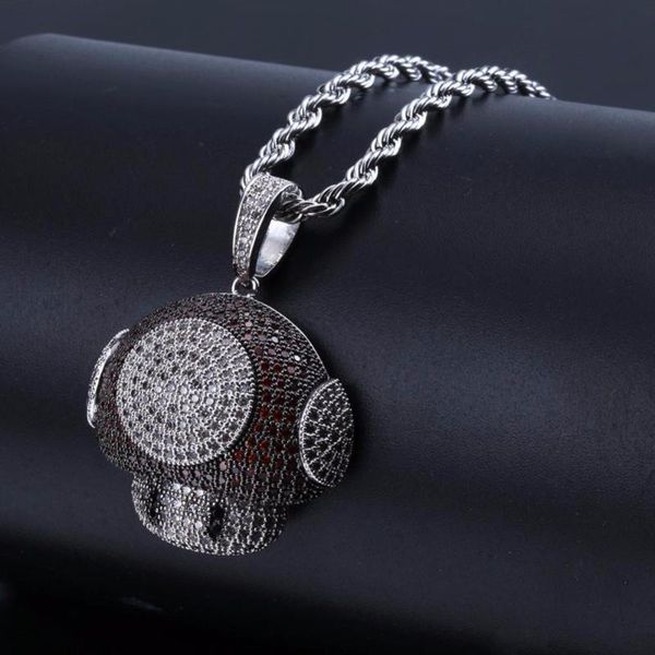 

pendant necklaces bling iced out cartoon mushroom pendants micro pave red white cz stone copper material men's hip hop rapper jewelry, Silver