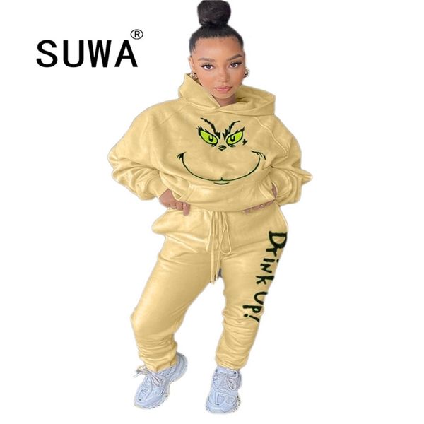 Conjunto de mulheres dos desenhos animados com capuz moletom Bastriz Calças Terno Tracksuit Correspondência Dois Parte Outono Outono Inverno Outfits Casual 210525