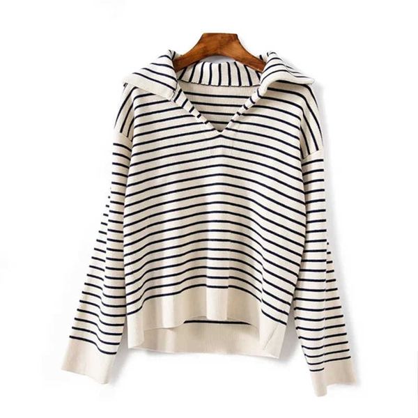 

women and men knitted sweater long sleeve striped loose autumn female knitwear turn-down collar with label 210928, White