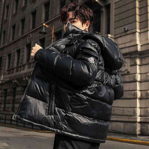 

light thin hooded down jacket men's and women's short 2021 new couple's winter thickened wash bright face, Black