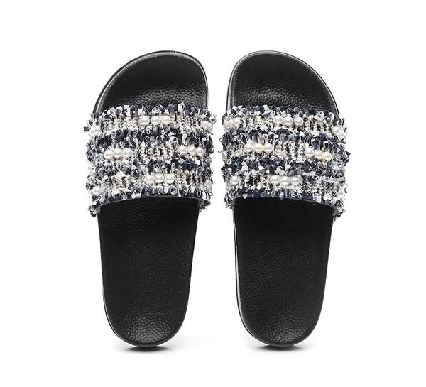 

slippers 2021 summer designer comfortable matching pearl woven flat, Black