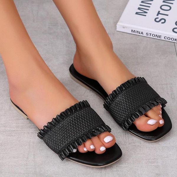 

slippers 2021 women's flip flops summer flat slides open toe folds woman beach sandals tenis feminino plus size 36-42, Black