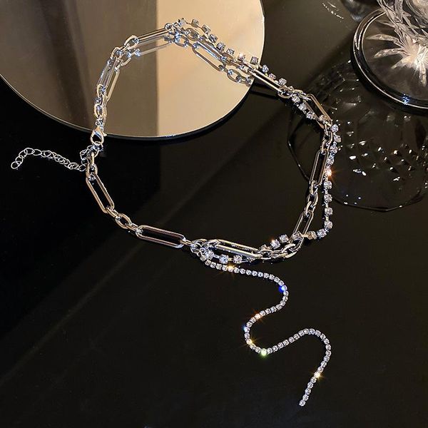 

chokers simple fashion metal chain zircon inlaid choker necklace for women girls double layered clavicle 2021 jewelry, Golden;silver