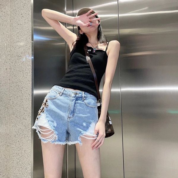 

crosin fashion brand ch leopard cross denim shorts women's summer high waist versatile personality burr wide leg brand xt0b, White;black