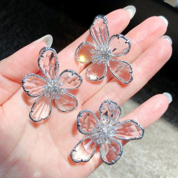 

earrings & necklace fashion luxury high sense clear multi-faceted flower transparent crystal petal open ring banquet wedding accessories, Silver