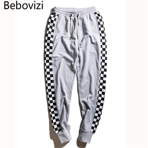 

men's pants bebovizi brand streetwear fashion hip hop gray black track checkerboard women men joggers skateboard sweatpants
