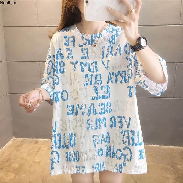 

houthion women's t-shirt loose plus size casual fashion t shirt mid-length letters short sleeve o-neck summer, White