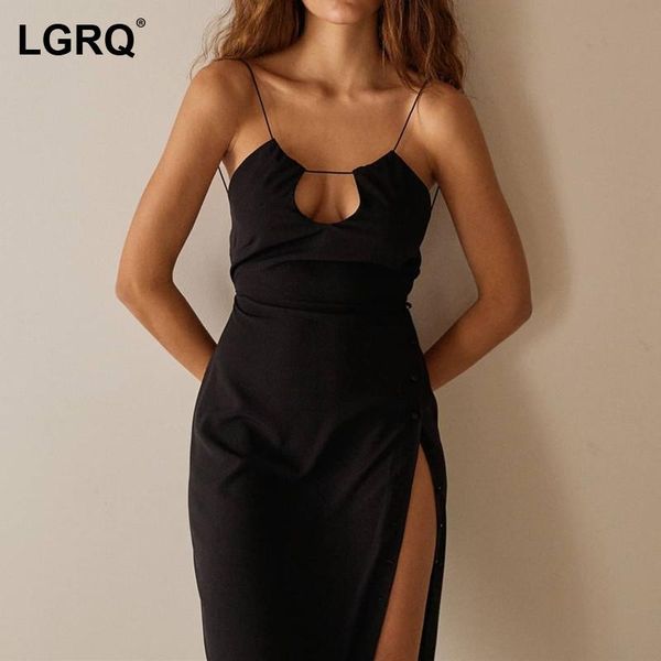 

casual dresses [lgrq] women black backless hollow out camis knee length dress v-neck sleeveless fit fashion apring summer 2021 19d826, Black;gray