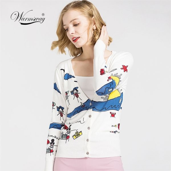 

women cartoon sweater cardigan print jacket coat fashion long sleeve slim crochet knit spring autumn b-178 210522, White