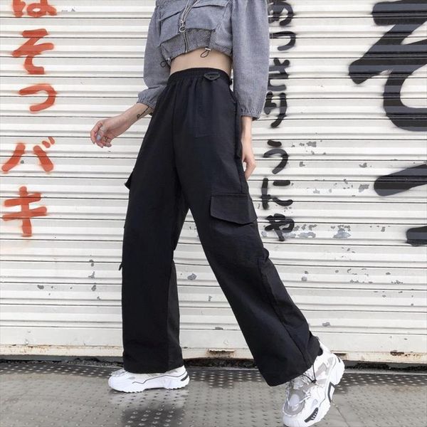 

harajuku gothic cargo oversize women capris hip hop punk korean fashion streetwear wide leg black loose trousers for female, Black;white