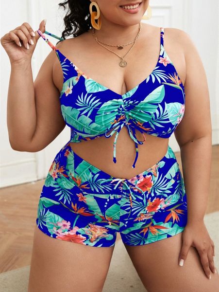 

plus tropical print drawstring front bikini swimsuit y6lf#, Black