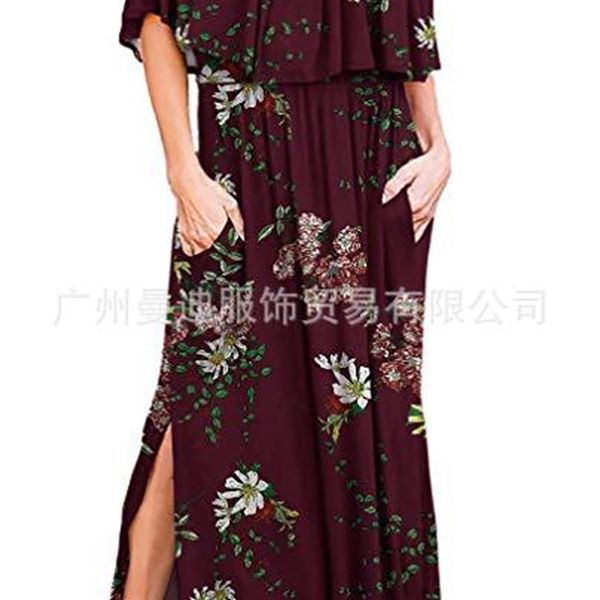 

factoryjsms chest women's summer 2019 one line shoulder wrapped pleated print split skirt dress, White;black