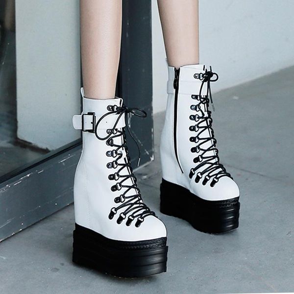 

boots wedges heel thick bottom lace women's round toe women shoes, Black