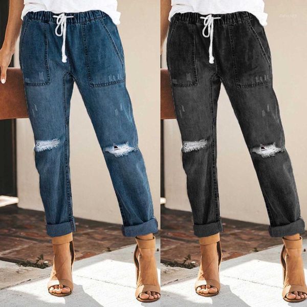 

women's jeans women denim joggers pull-on distressed elastic waist stretch pants broken holes drawstring ripped pencil #t1g, Blue