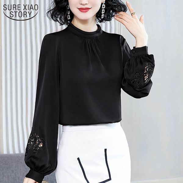 

lantern sleeve long satin shirt spring fashion western style slim mulberry silk embroidered blouse blusas 13042 210508, White