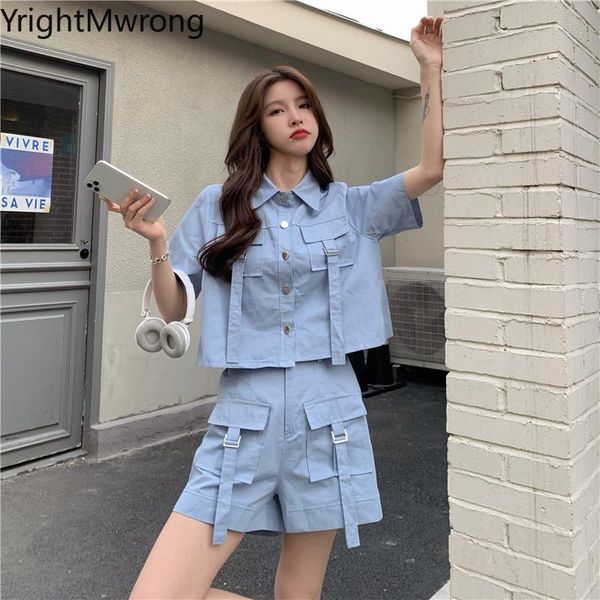 

women's blouses & shirts two piece matching set techwear belt ribbon pocket cargo button crop shirt outfit+ short suit streetwear haraj, White