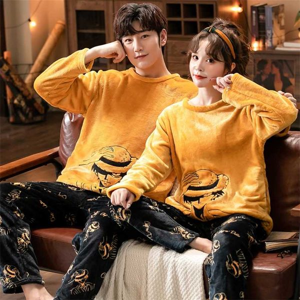 

winter long sleeve couple thick warm flannel pajama sets for men comic print coral velvet sleepwear women homewear clothes 211110, Black;brown