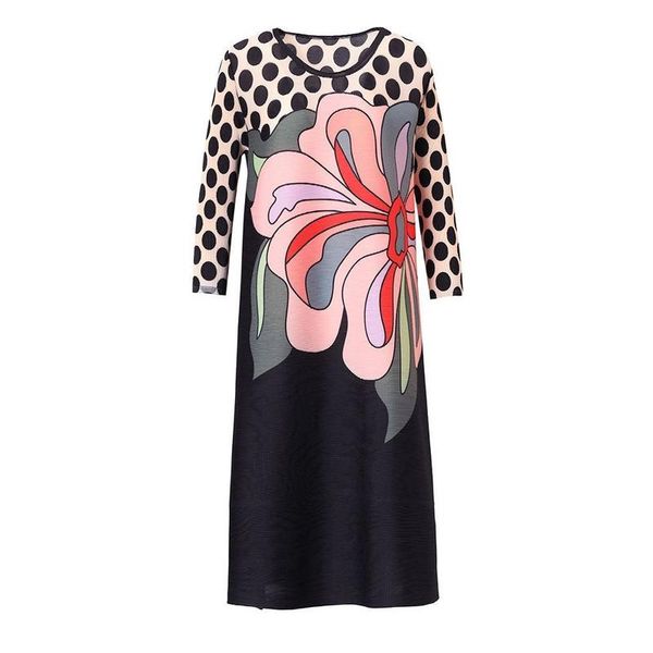 

casual dresses mother's autumn dress thick waist belly cover, high-end fold printing age-reducing loose a-line plus size women's c, Black;gray