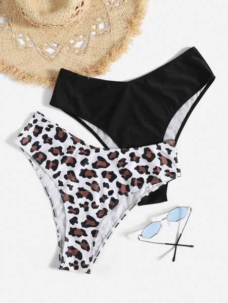 

2pack plus plain & leopard print bikini bottom 55ig#, Black