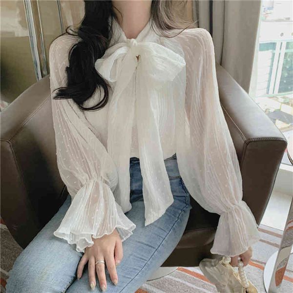 Camisa de Harajuku Camiseta Coreano Long-Sleeved Translúcido Bow Stand Collar Polka Dot Chiffon Lace Top Mulheres Blusa 988G 210420