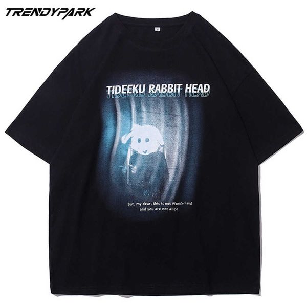 Мужская футболка уродящий кролика голова лето с коротким рукавом печатный тройник хип-хоп негабаритные хлопковые повседневные Harajuku Streetwear Thirts 210601