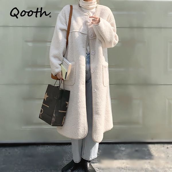 Qooth mulheres inverno solto longo cordeiro lã jaqueta bege parkas Único casaco de breasted casaco redondo colarinho outerwear bolsos qt310 210518