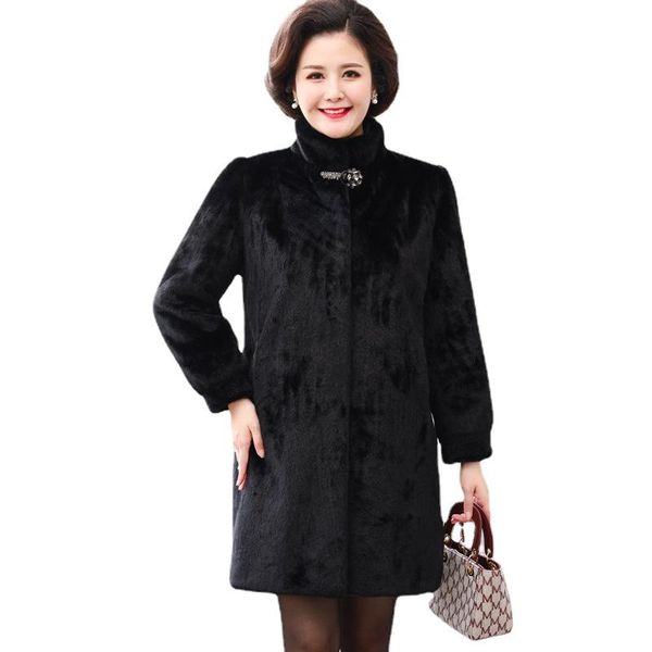

women's fur & faux 2021 autumn and winter long dark buckle imitation mink coat middle-aged elderly fashion abrigos, Black