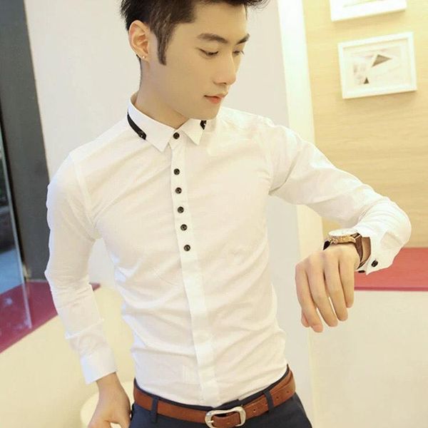 

men's casual shirts men shirt long sleeve solid business slim fit brand man dress turn-down collar blouses o218, White;black