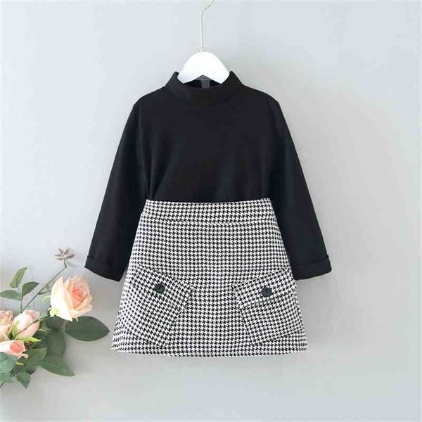 

gooporson fall kids clothes fashion korean long sleeve shirt&knit plaid skirt cute toddler girls clothing set children outfits 210715, White