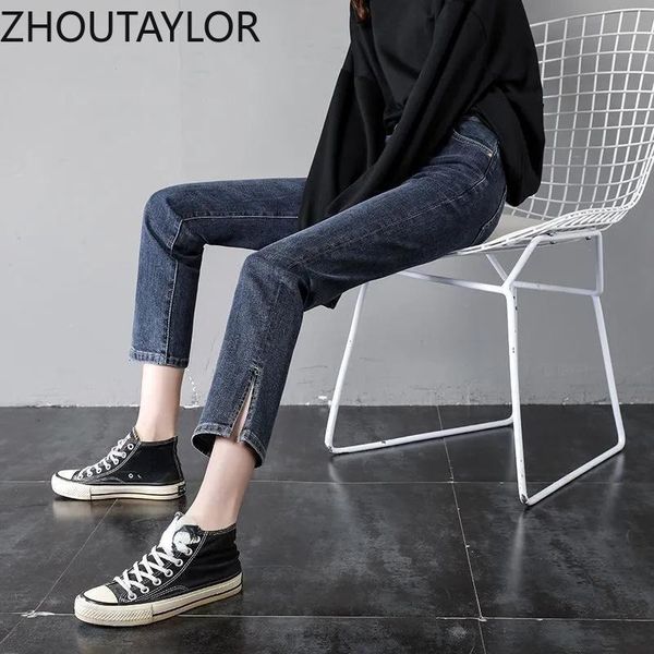 

women's jeans zhoutaylor women fashion high waiseed button trousers femme straight street autumn ankle-length pants female, Blue