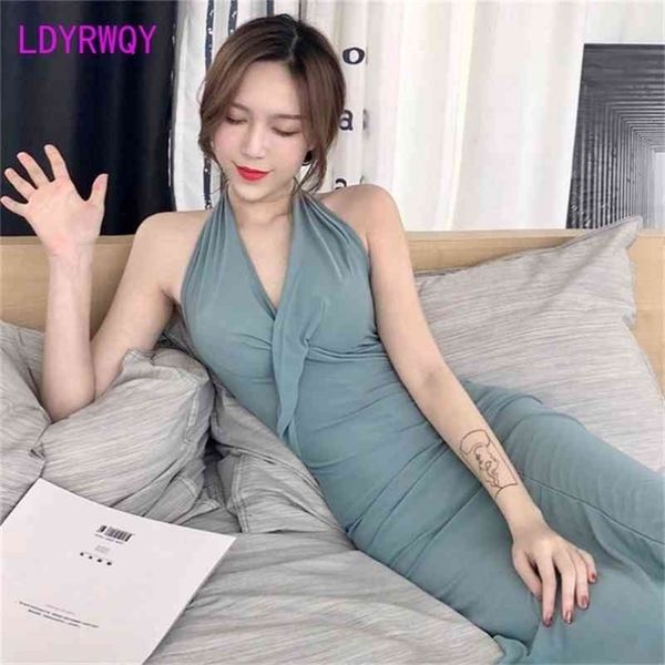 

[ldyrwqy] early spring korean temperament blue grey halter neck high waist strap retro design dress 210416, Black;gray