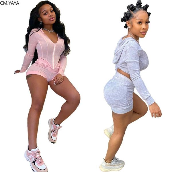 

cm.yaya women sport solid hooded irregular crop shorts jogger suit two piece set fashion tracksuit matching outfits dress, White