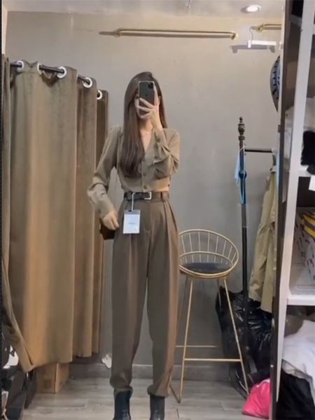 

new spring 2 piece long sleeves blouse women long sleeves vintage solid blouse long pants 210420, White