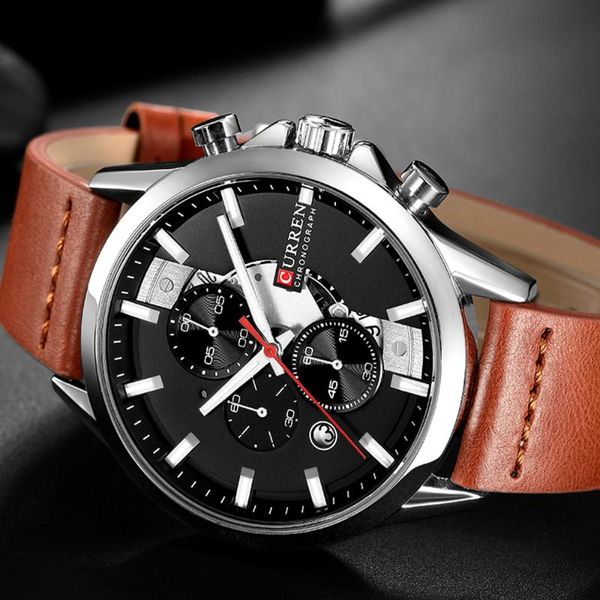 

wristwatches men's sports watch with chronograph curren 2021 leather strap watches fashion quartz wristwatch business calendar clock ma, Slivery;brown