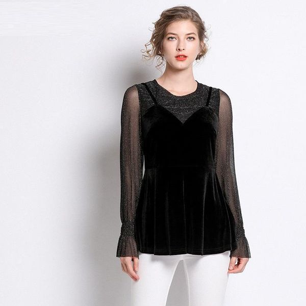 

women's blouses & shirts 2021spring casual blouse women mesh flare sleeves patchwork elegant slim fit oversized plus size ol camisa xx, White
