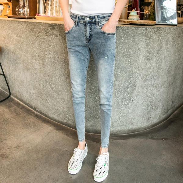 

korean youth casual jeans tide men's slim body simple feet fashion nine points pants, Blue