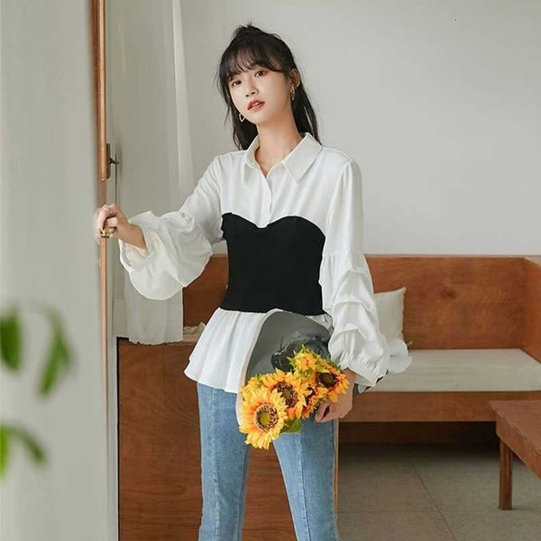 

women's two piece pants lantern sleeve patchwork tunic fall women long and blouse ladies korean fashion nsr7, White