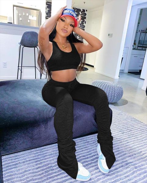 

echione short crop tank womens tracksuits sporting and ruched stacked pants two piece set matching fashion women tracksuit, Gray