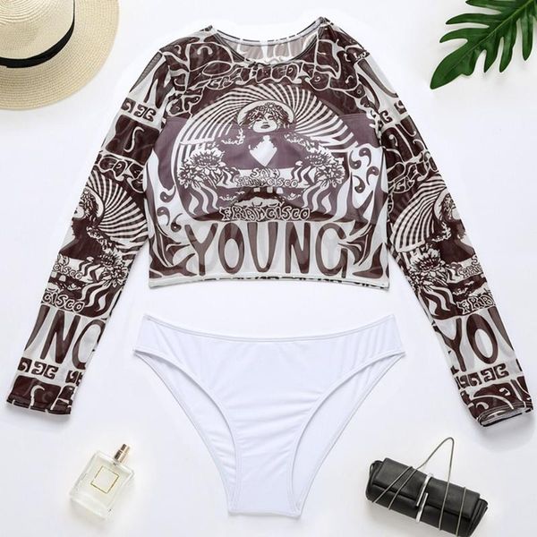 

women's swimwear women print split swimsuit long sleeve mesh sunscreen crop high cut thong bathing suit maillot de bain femme, White;black