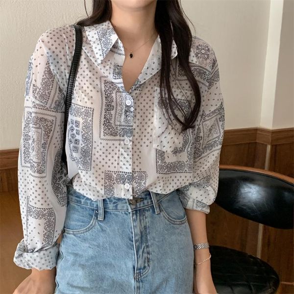 

women's blouses & shirts harajuku off-shoulders printed vintage ol all match autumn lady gentle women casual loose, White