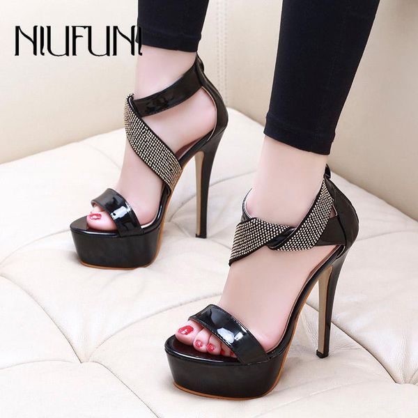 

rhinestone sandals women fashion patent leather stiletto super high heels niufuni 2021 waterproof platform ladies shoes, Black
