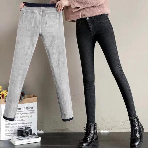 

women's high waist winter jeans denim fleece stretchy trousers stretch velvet for women skinny pants, Blue