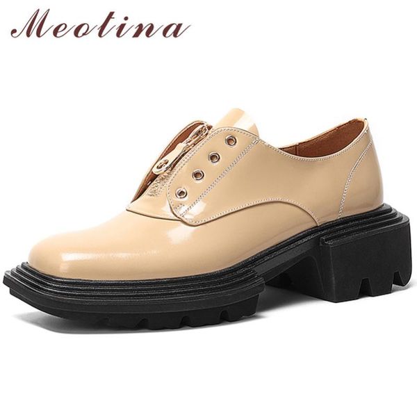 

meotina natural genuine leather med heels women shoes platform thick heel pumps fashion zip square toe female footwear black 40 dress