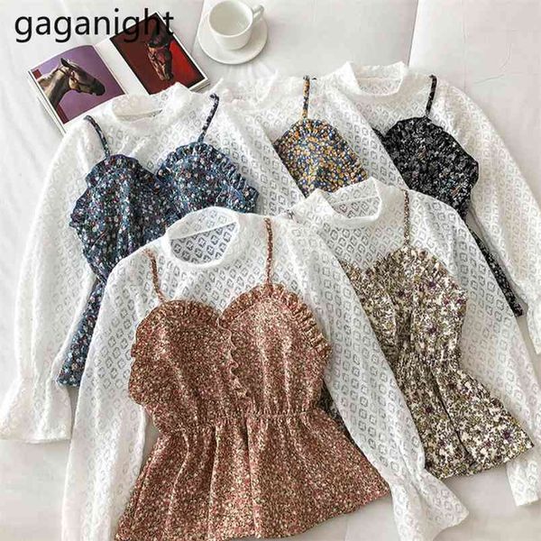 

spring summer womens and blouses lace floral printed shirt ladies o neck fake two pieces blusa feminina 210601, White