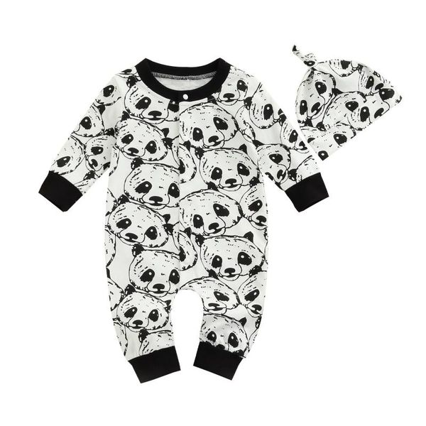 

jumpsuits 0-18 months print 2 pcs born panda outfits, baby boys color block long sleeve round neck jumpsuit + knotted cap, Blue