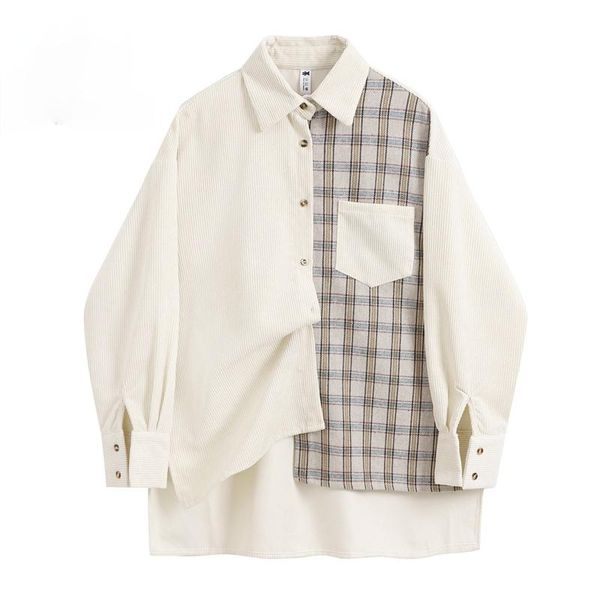 

women's blouses & shirts patchwork plaid women blouse autumn elegant long sleeve korean fashion casual loose turn-down collar female st, White