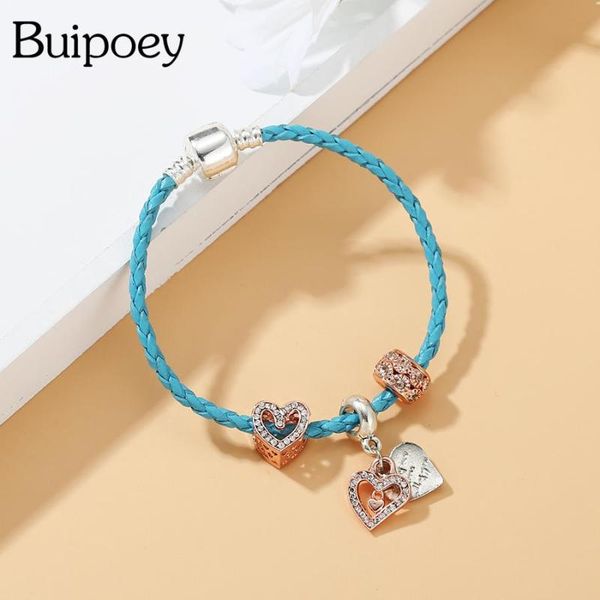 

charm bracelets buipoey simple rose gold heart beads blue leather for women braided rope bracelet bangles gift, Golden;silver