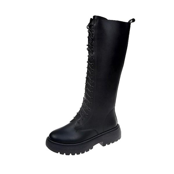 

boots 202 women round toe lace up knee high chunky heel shoes cheseal platform modern with zip combat, Black